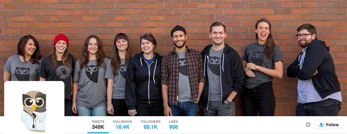 Hootsuite's customer service account on Twitter displays a modified logo with a header photo of the team. Visit it here: https://twitter.com/Hootsuite_Help