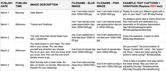 An example of The Content Cure's social media content calendar