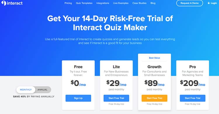 Interact quiz maker pricing page