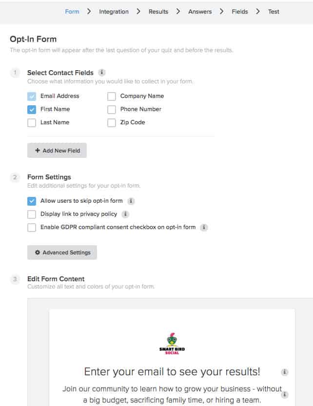 setting up the opt in form in Interact