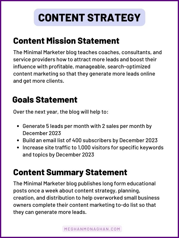 simple content strategy example - one page