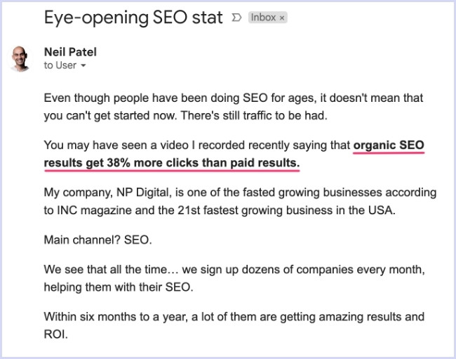 email from Neil Patel - SEO more clicks than ads