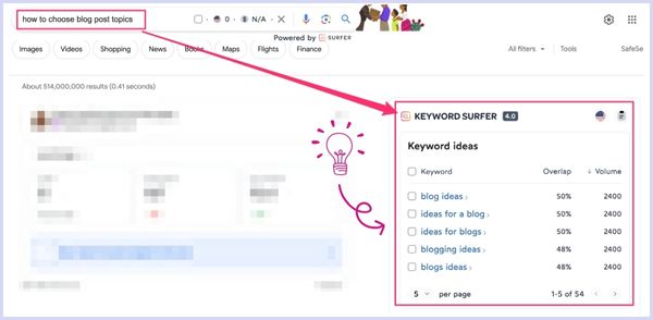 screenshot - Surfer extension for Chrome - how to choose blog post topics