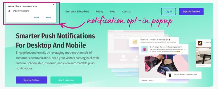 Example of web push notification - Subscribers.com